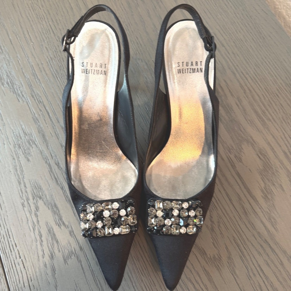 Stuart Weitzman‎ Black Satin Crystal Buckle Slingback Pumps 6W73424 Womens 7.5 M